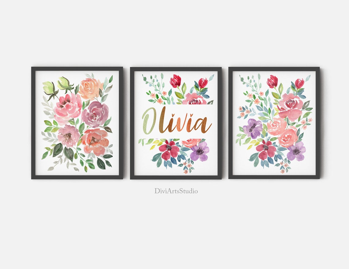 Lot de 3 affiches murales personnalisées pour enfants avec prénom de bébé et motif floral Image secondaire du produit