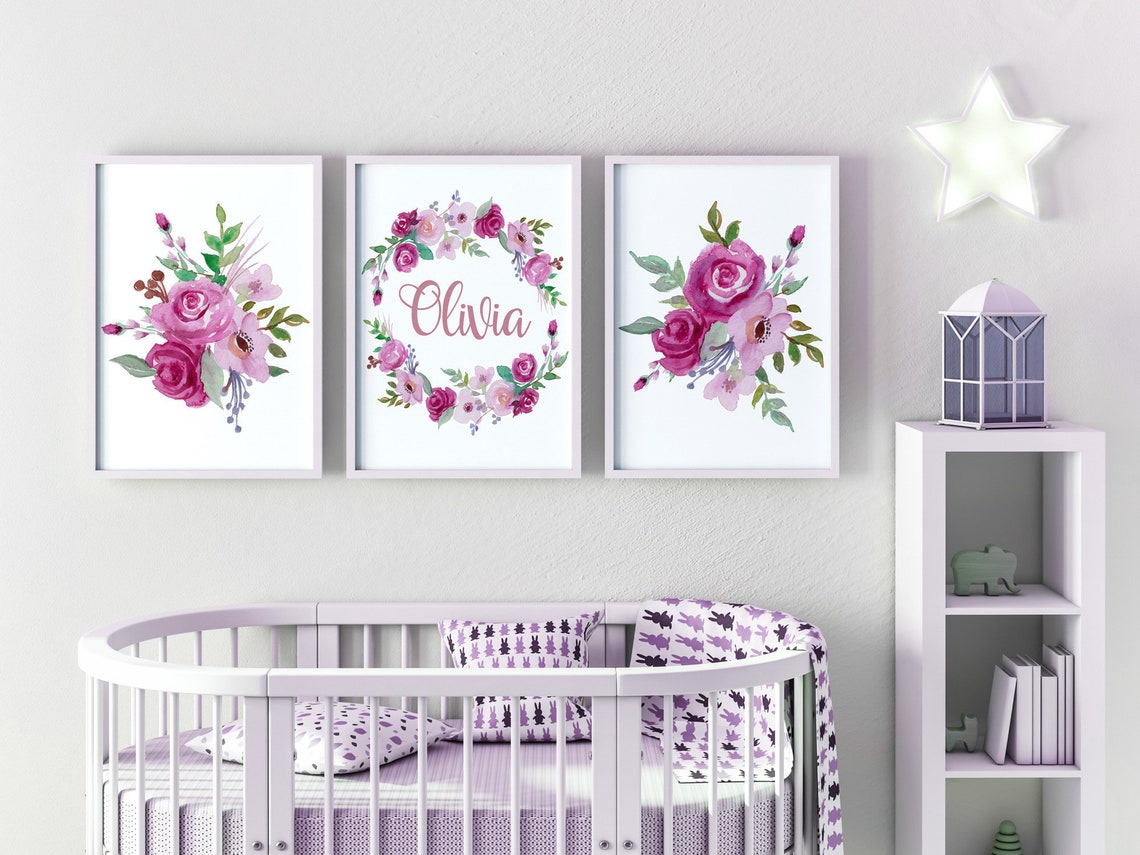 Décor de Chambre Bébé Floral, Lot de 3 Impressions Prénom Personnalisé, Ensemble d'Art Mural Personnalisé pour Chambre d'Enfant Image secondaire du produit
