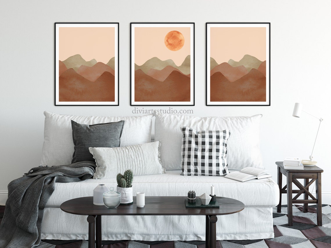 Láminas abstractas juego de 3, Impresión artística moderna de mediados de siglo, Láminas terracota, Tríptico arte de pared, Arte de pared de montaña abstracto Imagen secundaria del producto