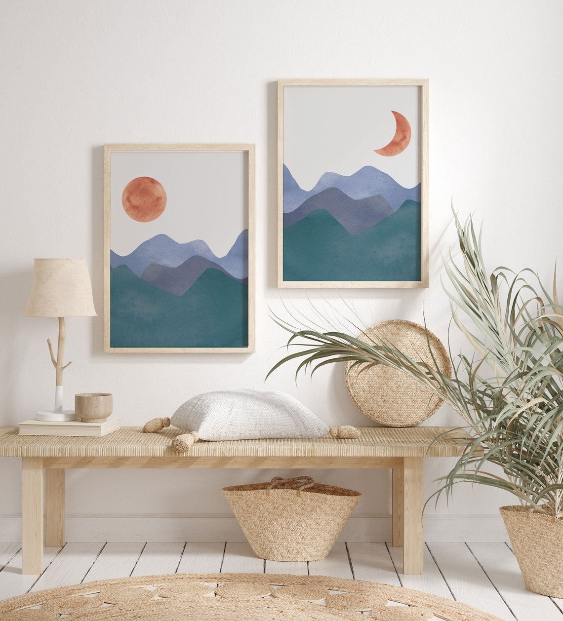 Impression Abstraite Soleil Lune, Lot de Deux Impressions Terre Cuite, Impressions Murales Bohèmes, Art Mural Abstrait Bleu, Impressions d'Art Minimalistes Image secondaire du produit