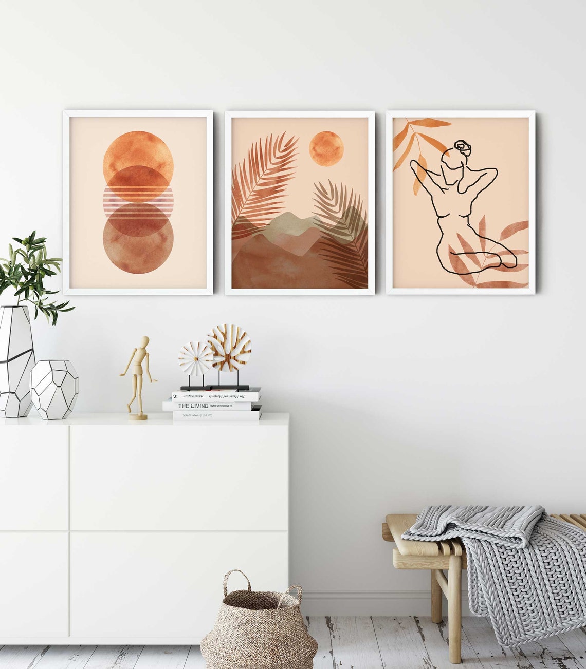 Lámina de arte moderno de mediados de siglo, arte de pared bohemio, pared de galería minimalista, lámina de sol abstracto del desierto, juego de 3 láminas, lámina de arte moderno, arte bohemio Imagen secundaria del producto