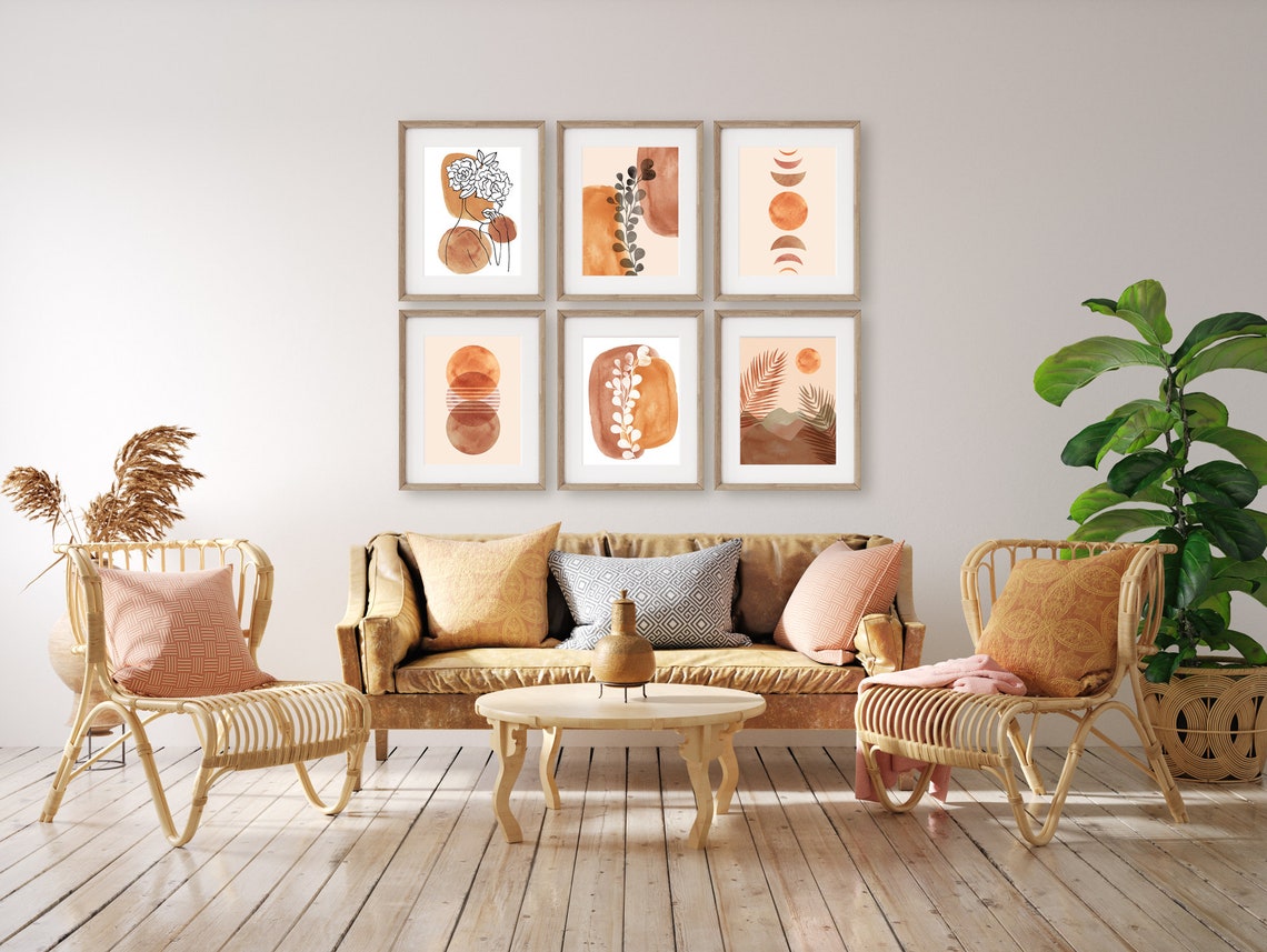 IMPRESSIONS BOHO Lot de 6, Art mural moderne du milieu du siècle Art bohème, Ensemble d'art mural de galerie, Impressions abstraites modernes Lot Boho, Art Soleil Lune Image secondaire du produit