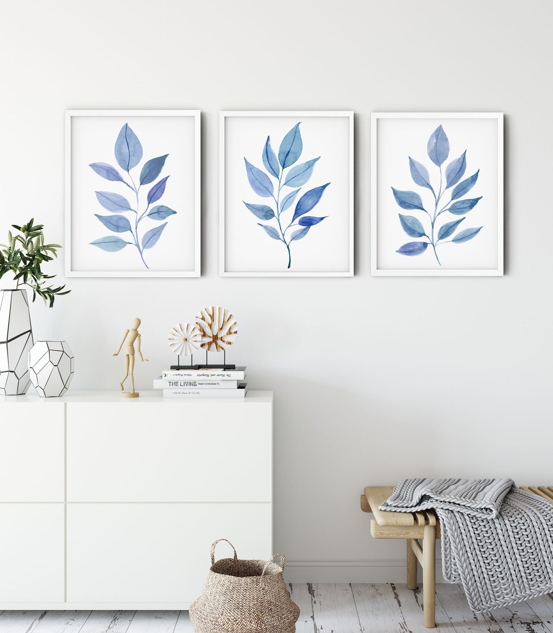 Arte de pared botánico en azul, decoración de pared de dormitorio con estampado de hojas Imagen secundaria del producto