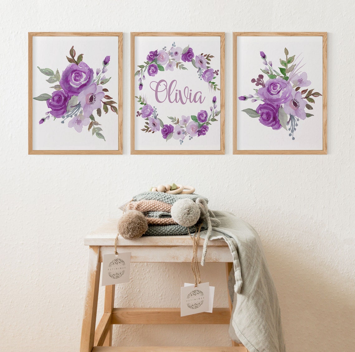 Décor de Chambre Bébé Lilas, Affiche Florale Prénom Personnalisé Image secondaire du produit