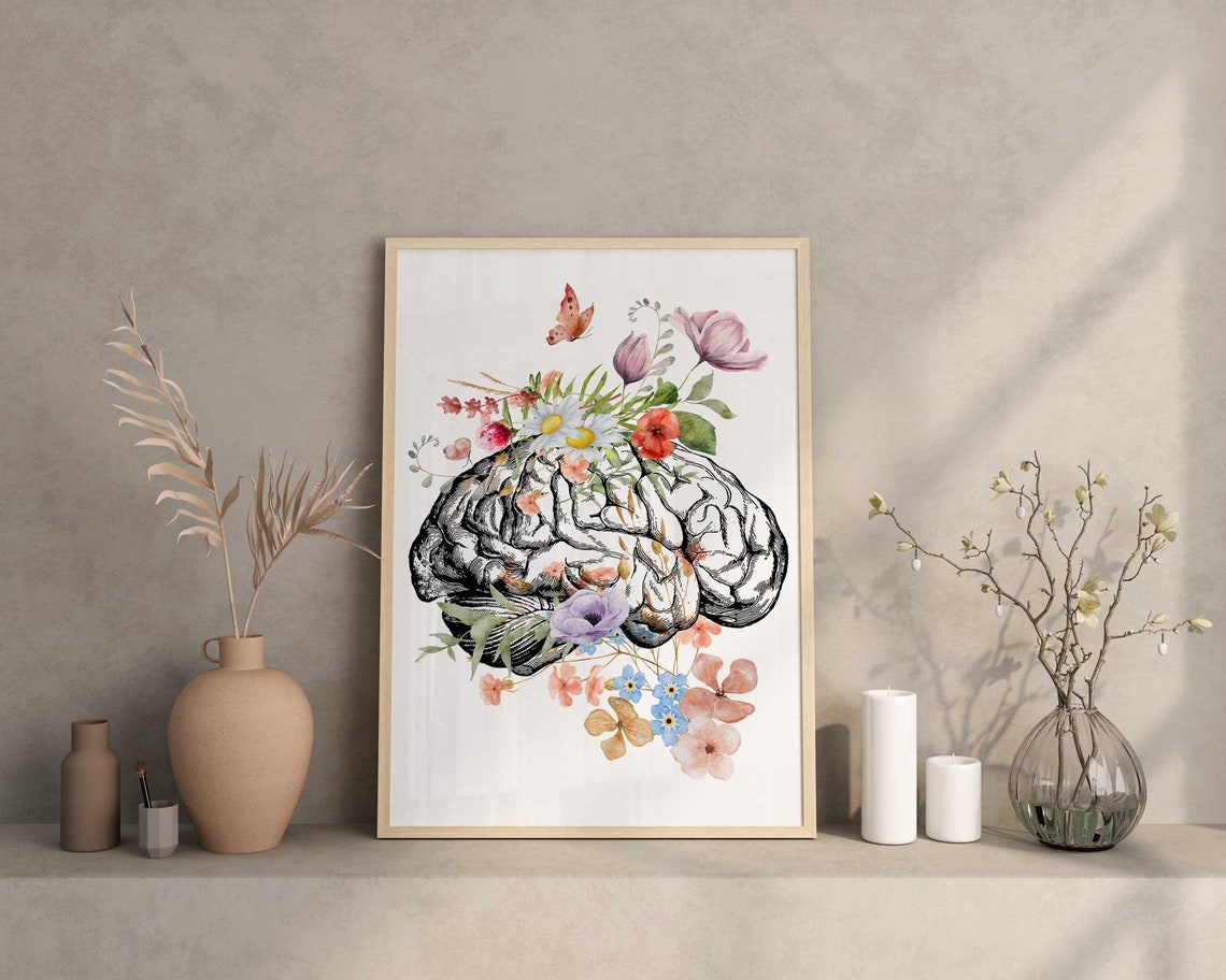 Arte de pared cerebro con flores, decoración de pared moderna y contemporánea Imagen secundaria del producto