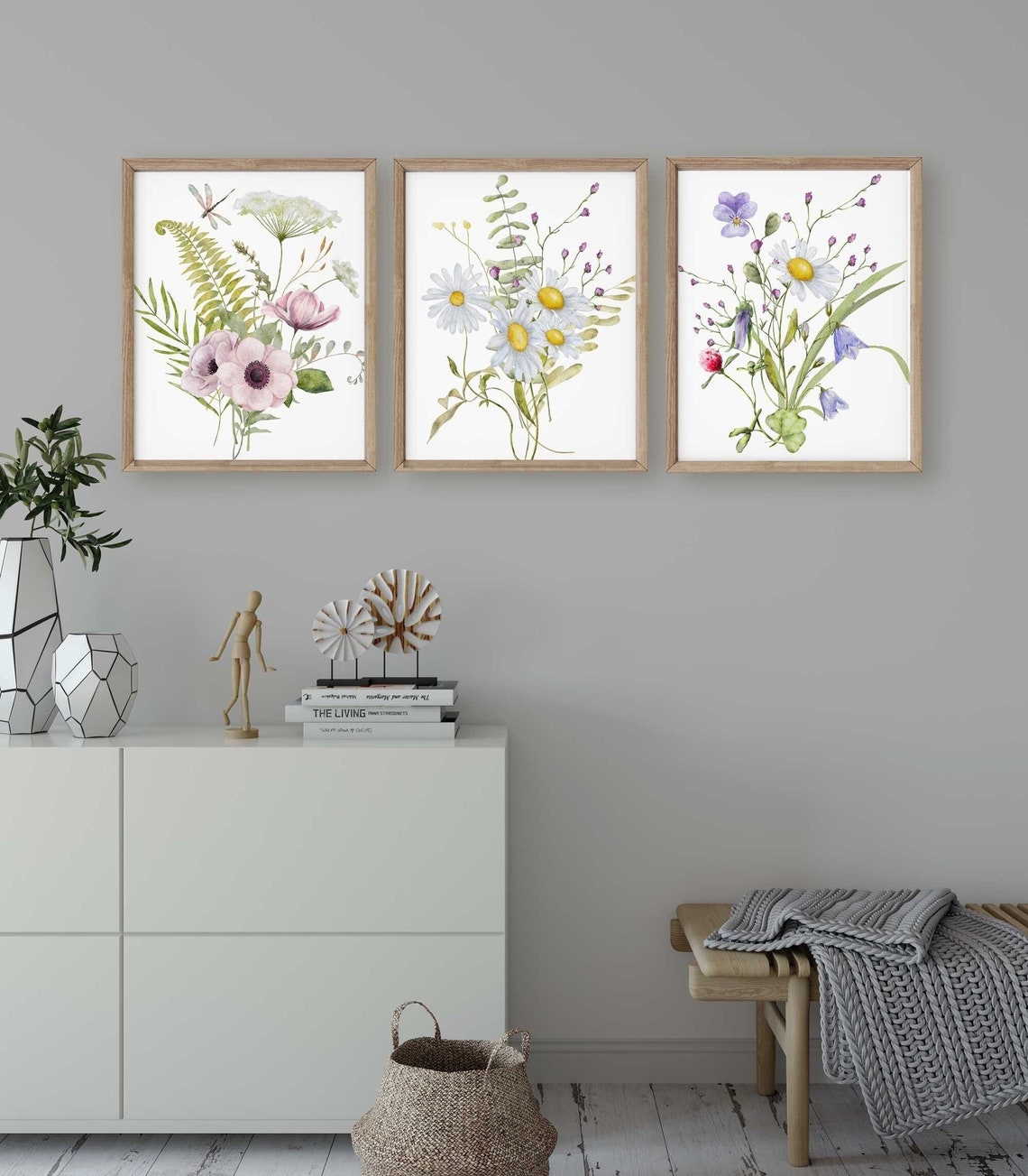 Impression de fleurs sauvages, Ensemble floral de 3 imprimés, Illustration de marguerites sauvages, Art mural floral abstrait, Décoration de ferme Image secondaire du produit