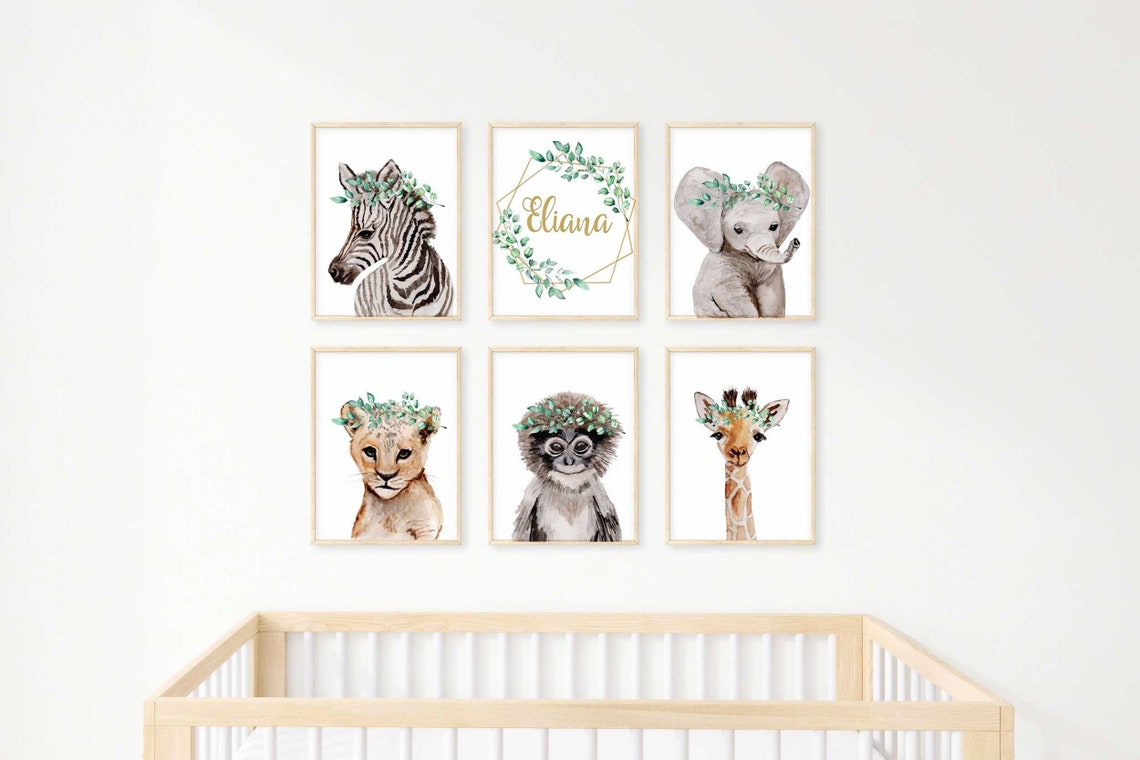 Lot de 6 affiches de crèche Safari, panneau de nom personnalisé garçon Image secondaire du produit