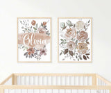 Set of 2 Brown Floral Art Printable, Lilac Custom Name Sign For Nursery Girl