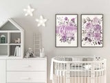 Set of 2 Purple Floral Art Printable, Lilac Custom Name Sign For Nursery Girl