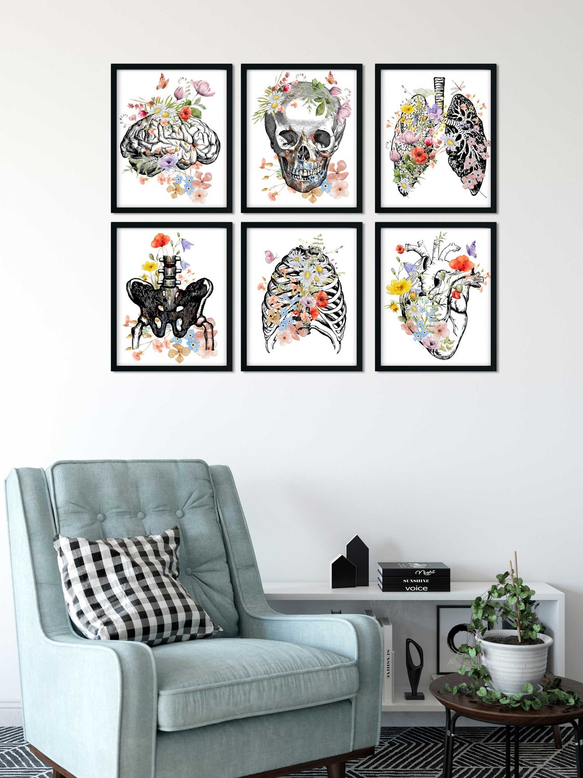 Arte de pared para consultorio médico, Médico osteópata, Regalos de graduación para médicos, Cerebro corazón pulmones caja torácica, Set de pósteres de anatomía, Flores con órganos Imagen secundaria del producto