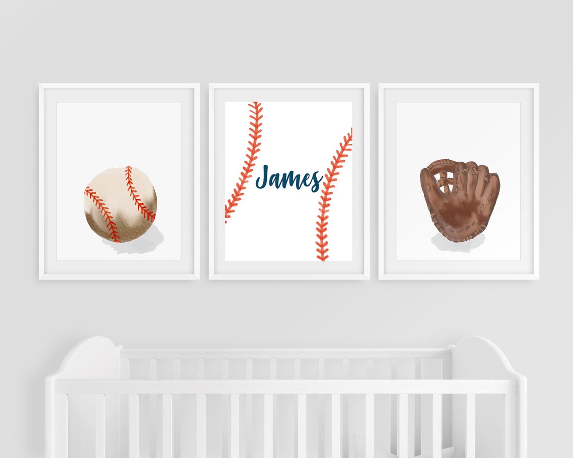 Lot d'affiches murales de baseball pour chambre d'enfant, Art imprimable de baseball, Impressions d'art sportif, Gant de batte de balle, Décoration de chambre de bébé garçon, Art mural prénom garçon Image secondaire du produit
