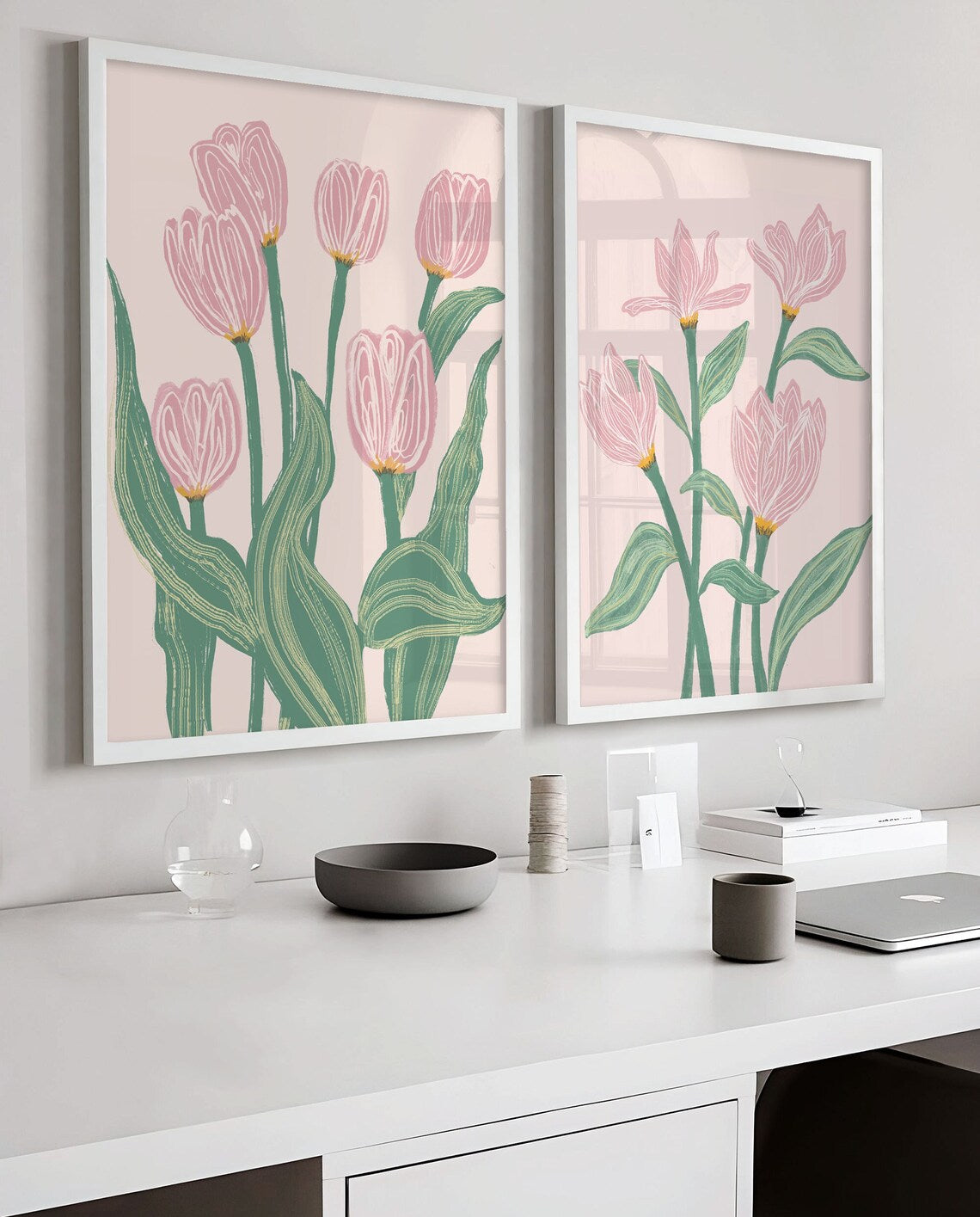 Pink tulip pair above a white desk