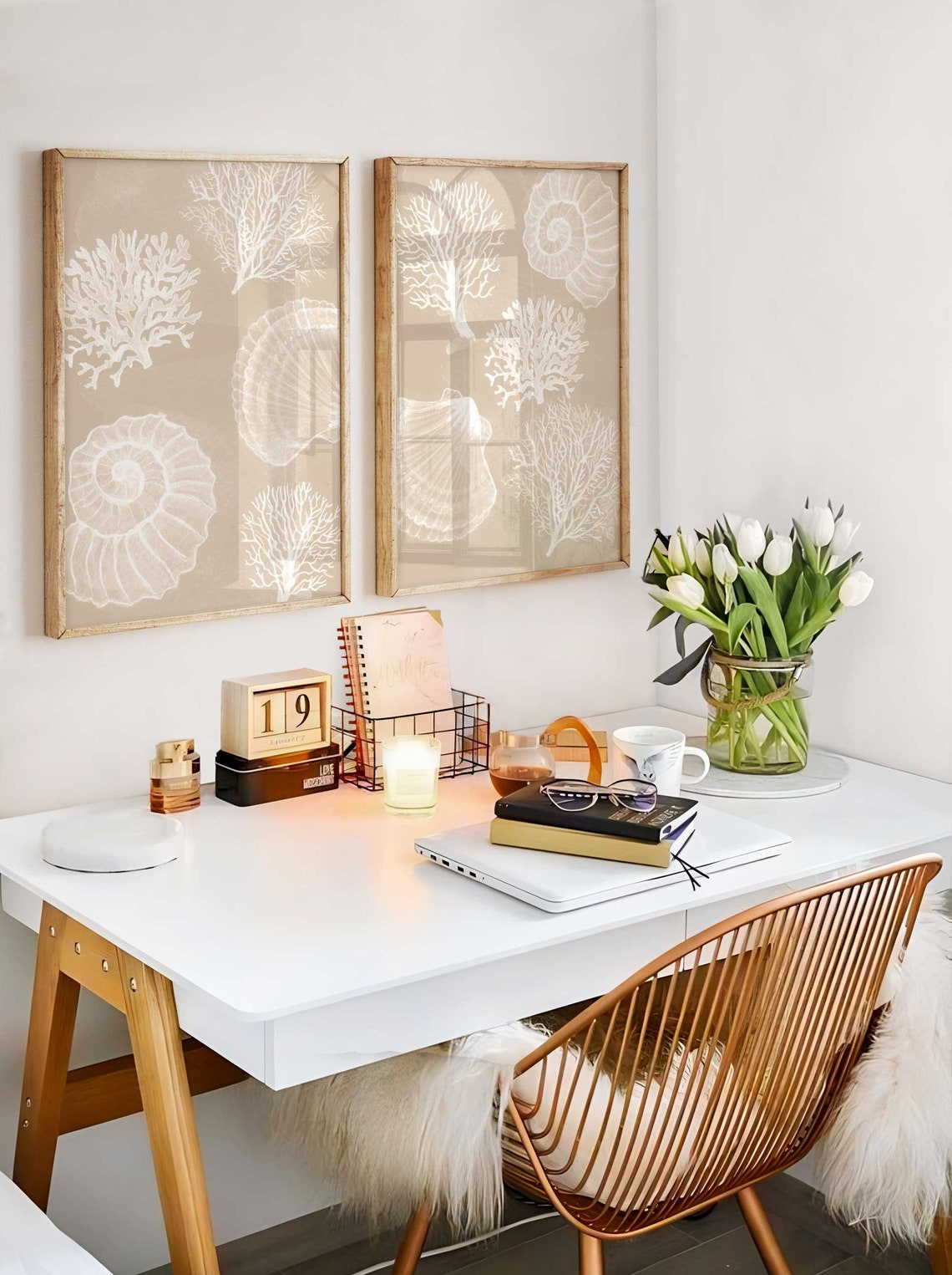 Arte de pared de conchas, Láminas costeras, decoración para casa de playa, Arte de pared para baño, Decoración de conchas marinas, Arte costero moderno minimalista Imagen secundaria del producto