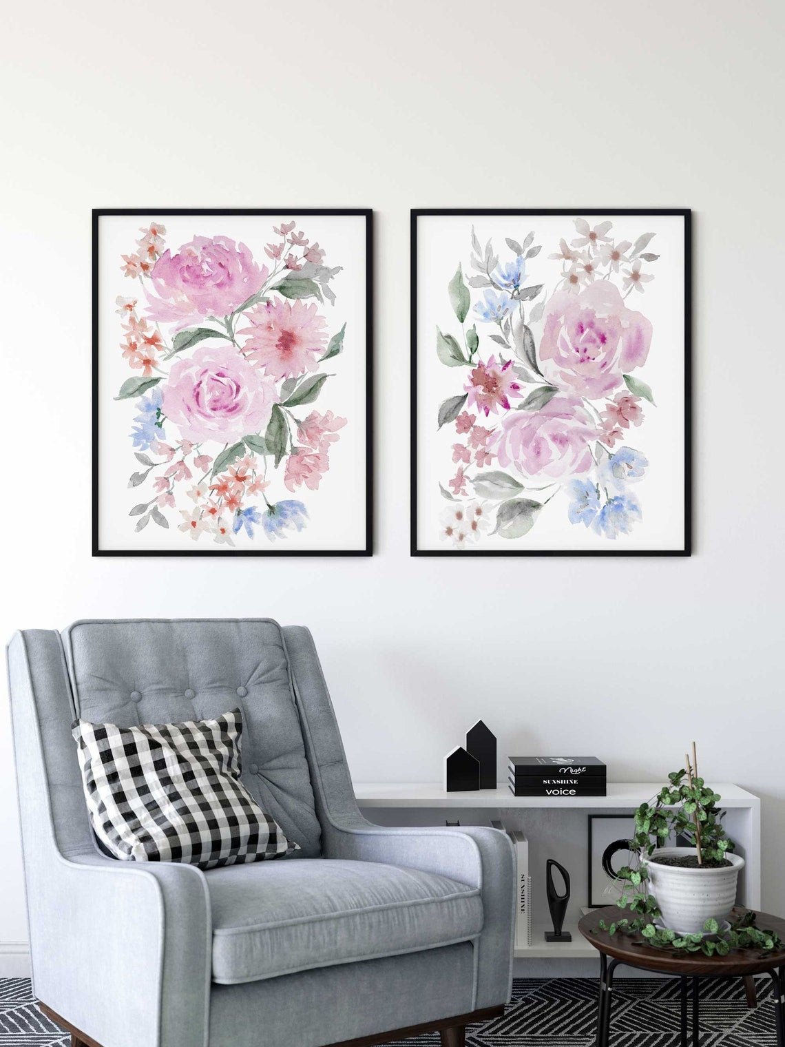Soft Peony Wall Art, Abstract Floral Painting, Watercolour floral Large wall art, Pink Blue Nursery, Flower Living room decor