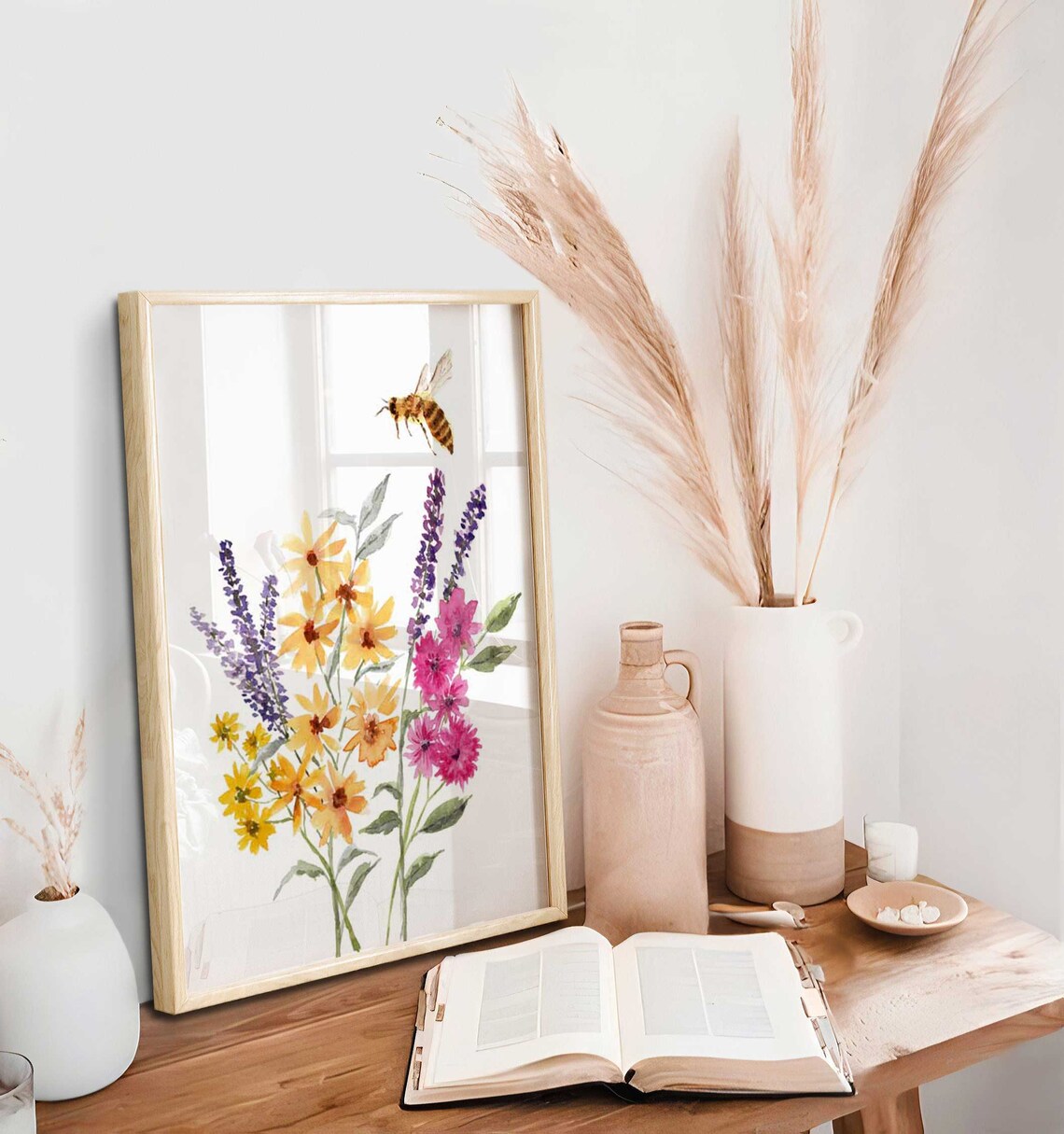 Impresión artística de abejas y flores silvestres, arte de pared de acuarela de abejas y flores silvestres Imagen secundaria del producto