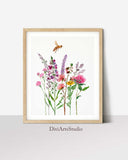 Wildflowers Bee Art Print, Lavender Honeybee Wall Art, Wildflowers Wall Decor, Red clover flowers Watercolour Illustration, Floral Wall Art