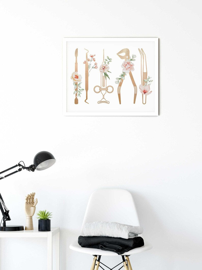 Décor de cabinet dentaire, Art dentaire, Imprimé floral d'outils de dentiste, Hygiéniste dentaire, Impression murale d'art dentaire pour étudiant, Cadeaux de dentiste Image secondaire du produit