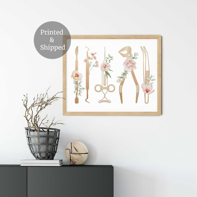 Décor de cabinet dentaire, Art dentaire, Imprimé floral d'outils de dentiste, Hygiéniste dentaire, Impression murale d'art dentaire pour étudiant, Cadeaux de dentiste Image secondaire du produit