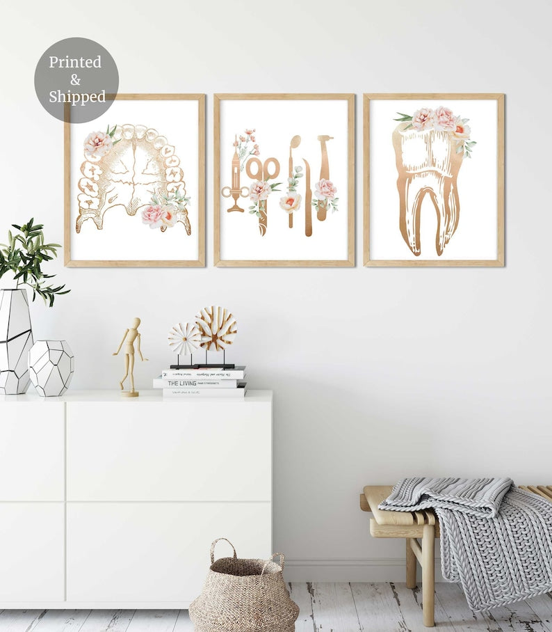 Decoración para consultorio dental, Arte de pared dental, Anatomía floral de un diente, juego de 3 impresiones, Arte para clínica dental Imagen secundaria del producto
