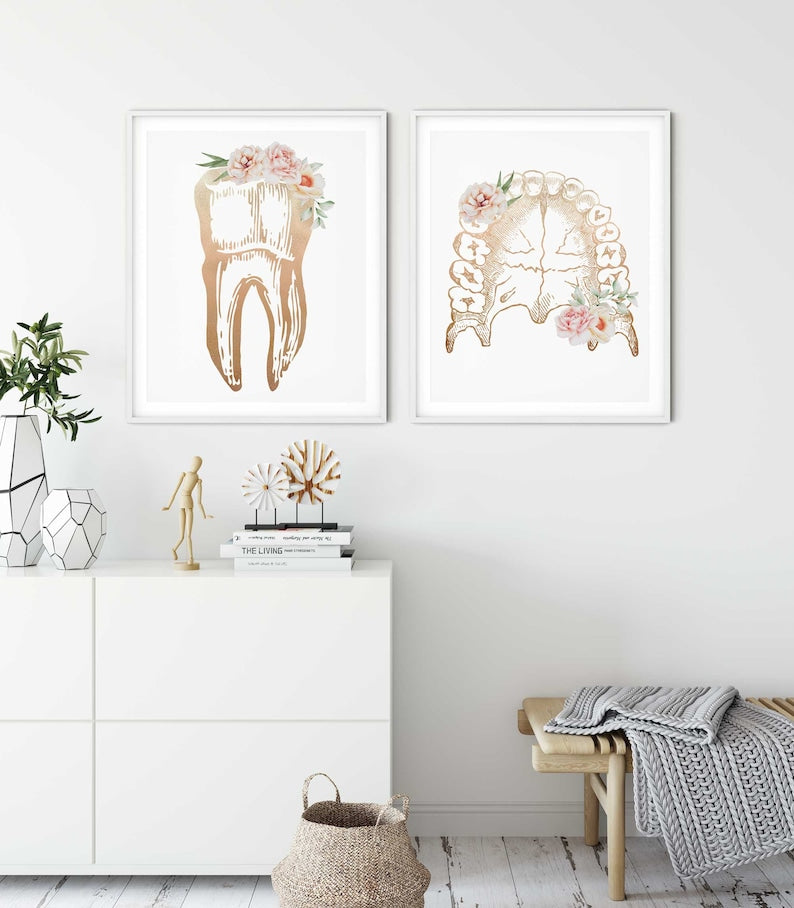 Floral tooth and dental arch prints above a white sideboard Image principale du produit