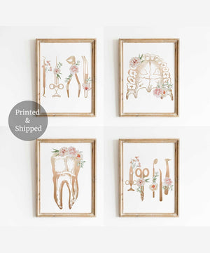 Dental set of 4 with tooth anatomy, dental arch and floral tools in wooden frames