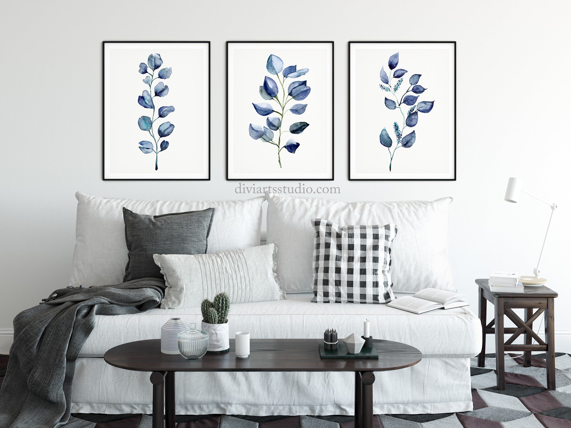Lámina artística botánica azul, set de 3 láminas para pared Imagen secundaria del producto
