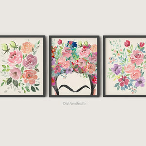Frida Kahlo set of 3, a flower crown portrait between two rose bouquets