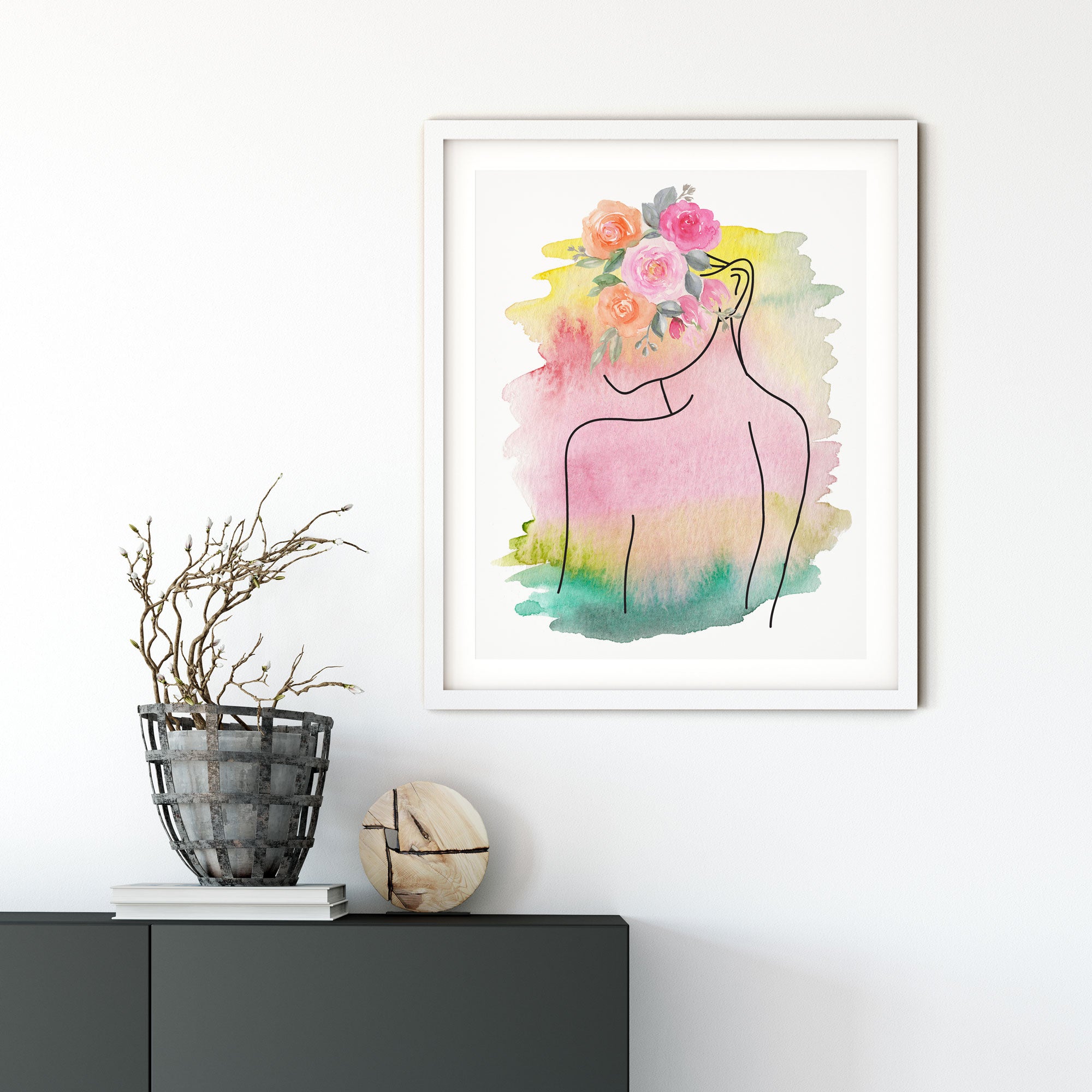 Dessin au trait féminin, illustration d'une femme rose avec une tête fleurie Image secondaire du produit